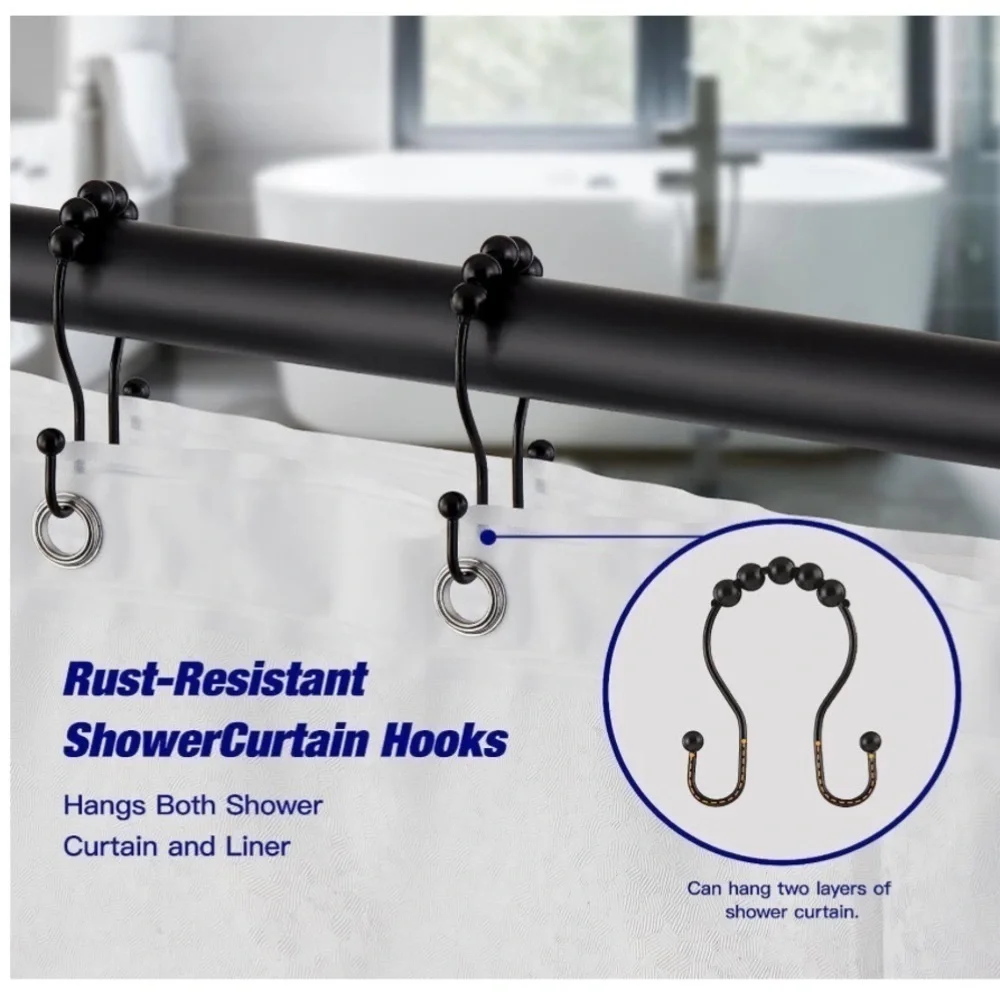 Sultan’s Linens Double Shower Hooks Roller Stainless 12 Piece Black Matt Finish